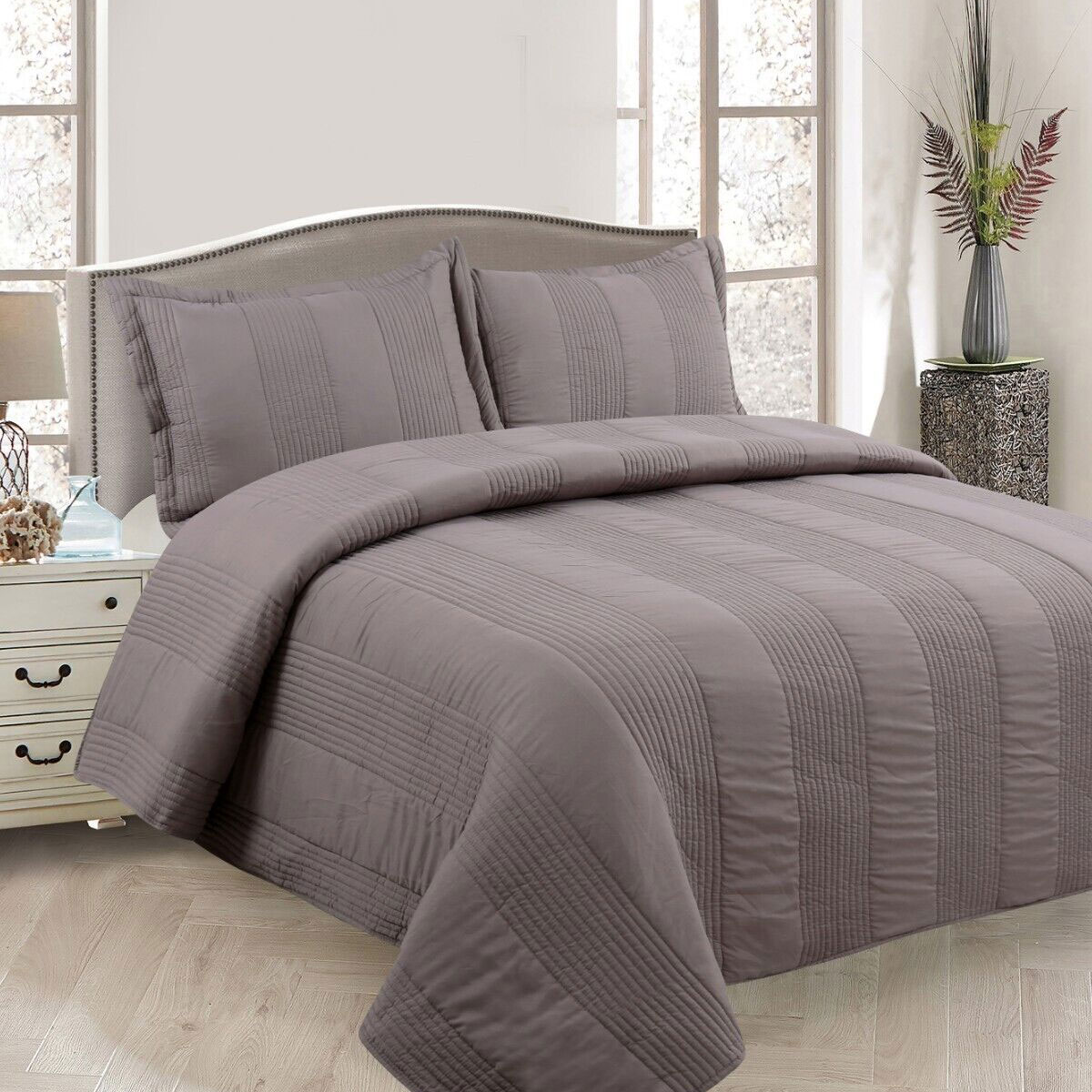 V442-STT-COVERLET-LEWIS-MOCHA-QS-209144-00 Lewis Mocha 3 Pce Lightly Quilted Polyester Cotton Coverlet Set Queen - Image 1