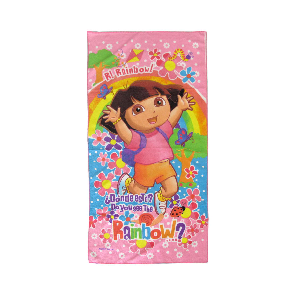 V442-UGG-TOWEL-DORARAINBOW-PINK-RE-215422-00 Bloomington Dora the Explorer Rainbow Kids Cartoon Printed Microfiber Beach Towel 70 x 137 cm - Image 1