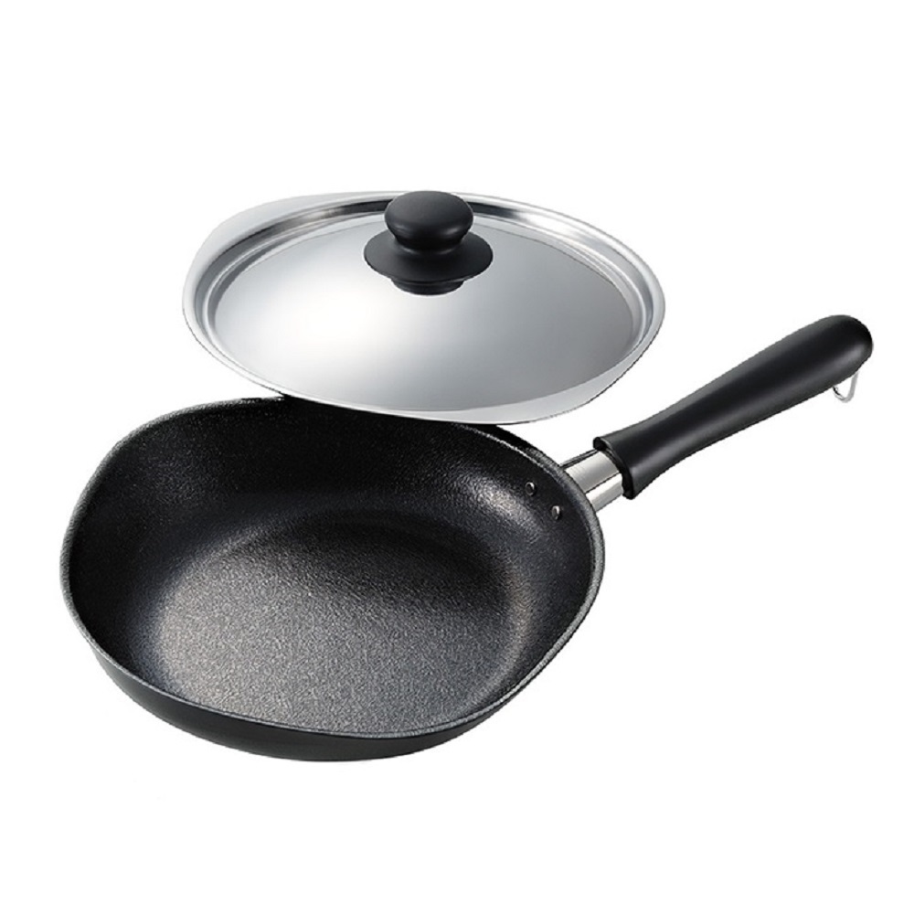 V445-C220275-98064-00 Sori Yanagi Japanese Cast Iron Frying Pan Skillet with Stainless Steel Lid - 22cm - Image 1