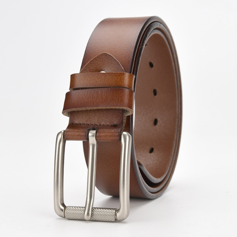 V462-FB-73-02-95874-00 New Cowhide Leather Men Belt Pin Buckle Luxury Male Belts (Brown) - Image 1