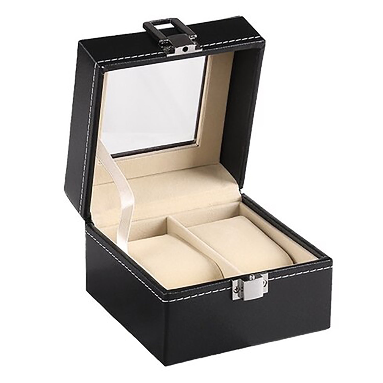 V462-FB-81-01-101761-00 Watch Box Organizer Case Jewelry Display Tray Glass Top PU Leather(2 Slot) - Image 1