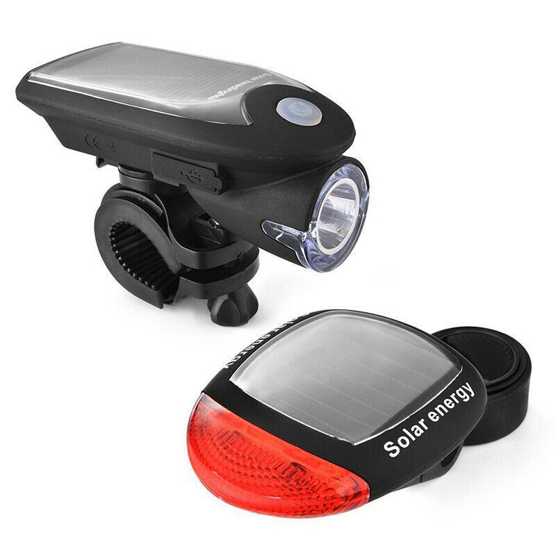 V462-T-08-01-97362-00 Solar Powered Bicycle Cycling Bike LED Headlight + Rear Tail Light Lamp LED with Gift Box - Image 1