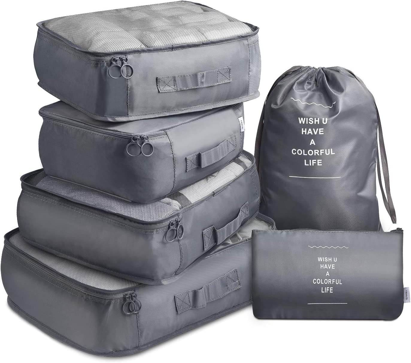 V462-T-17-01-97361-00 6 Pcs Waterproof Compression Packing Cubes Large Travel Luggage Organizer Storage (Grey) - Image 1