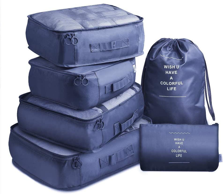 V462-T-17-02-97360-00 6 Pcs Waterproof Compression Packing Cubes Large Travel Luggage Organizer Storage (Navy) - Image 1