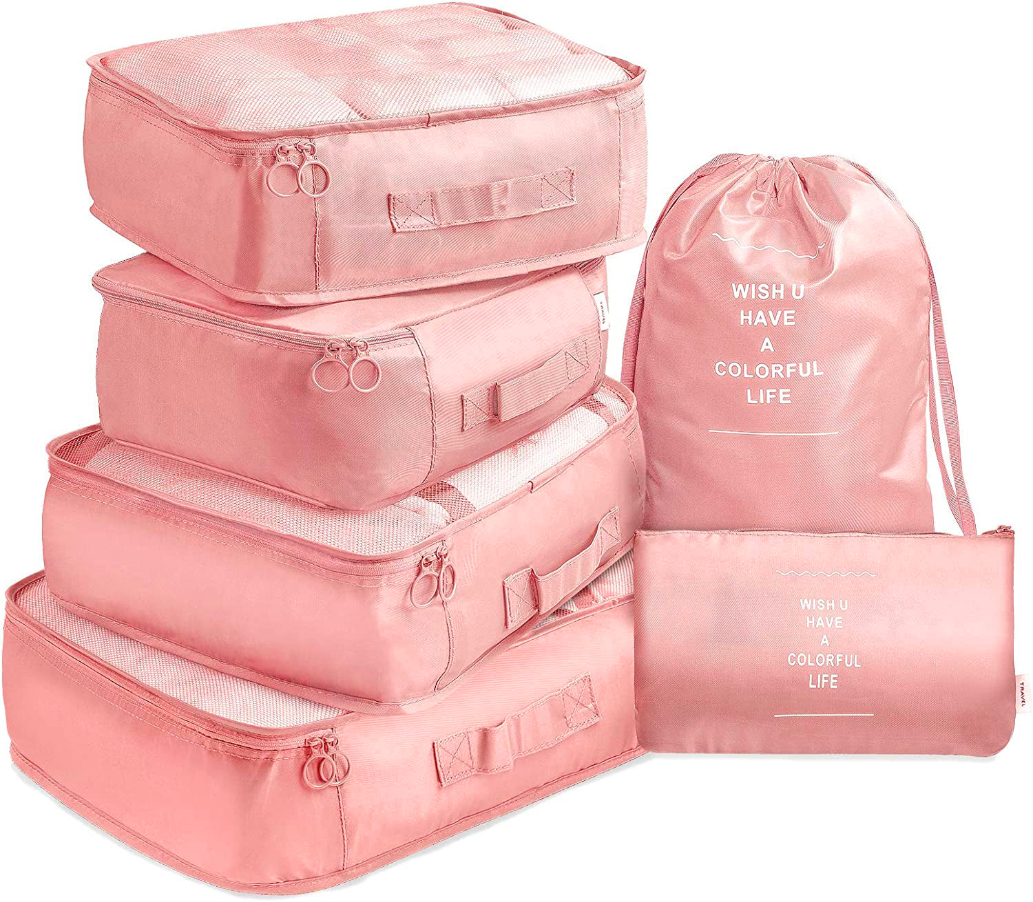 V462-T-17-03-97359-00 6 Pcs Waterproof Compression Packing Cubes Large Travel Luggage Organizer Storage (Pink) - Image 1