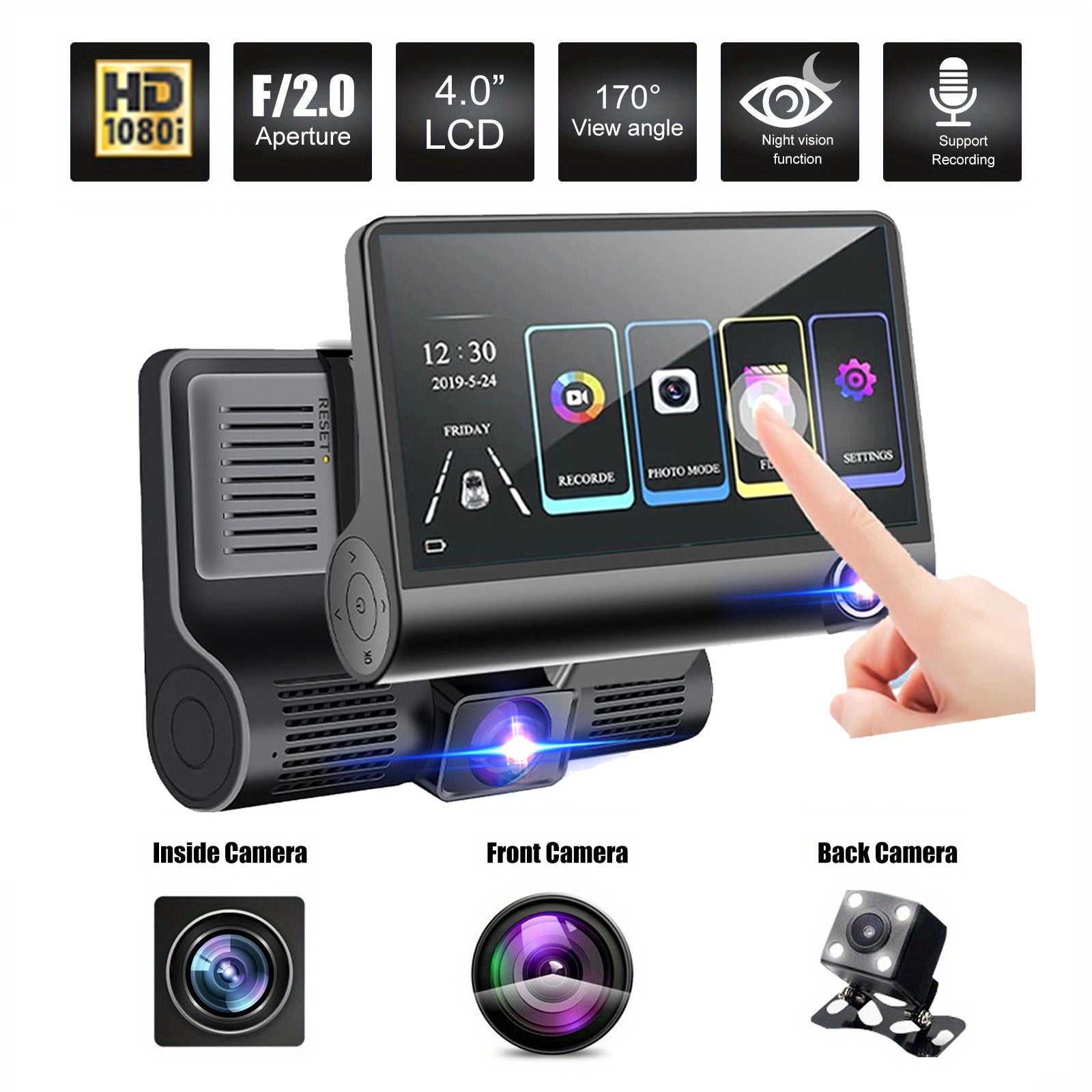 V462-TA-105-01-197281-00 Front and Rear Triple Lens Dash Cam 1080P HD 4-inch touch screen wide-angle lens - Image 1