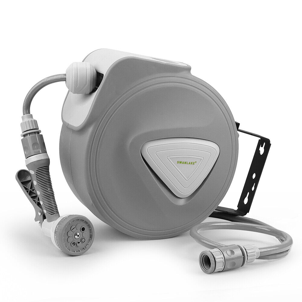 V465-66149-186629-00 10M Retractable Garden Air Hose Reel Storage Auto Rewind Wall Mounted Grey AU - Image 1