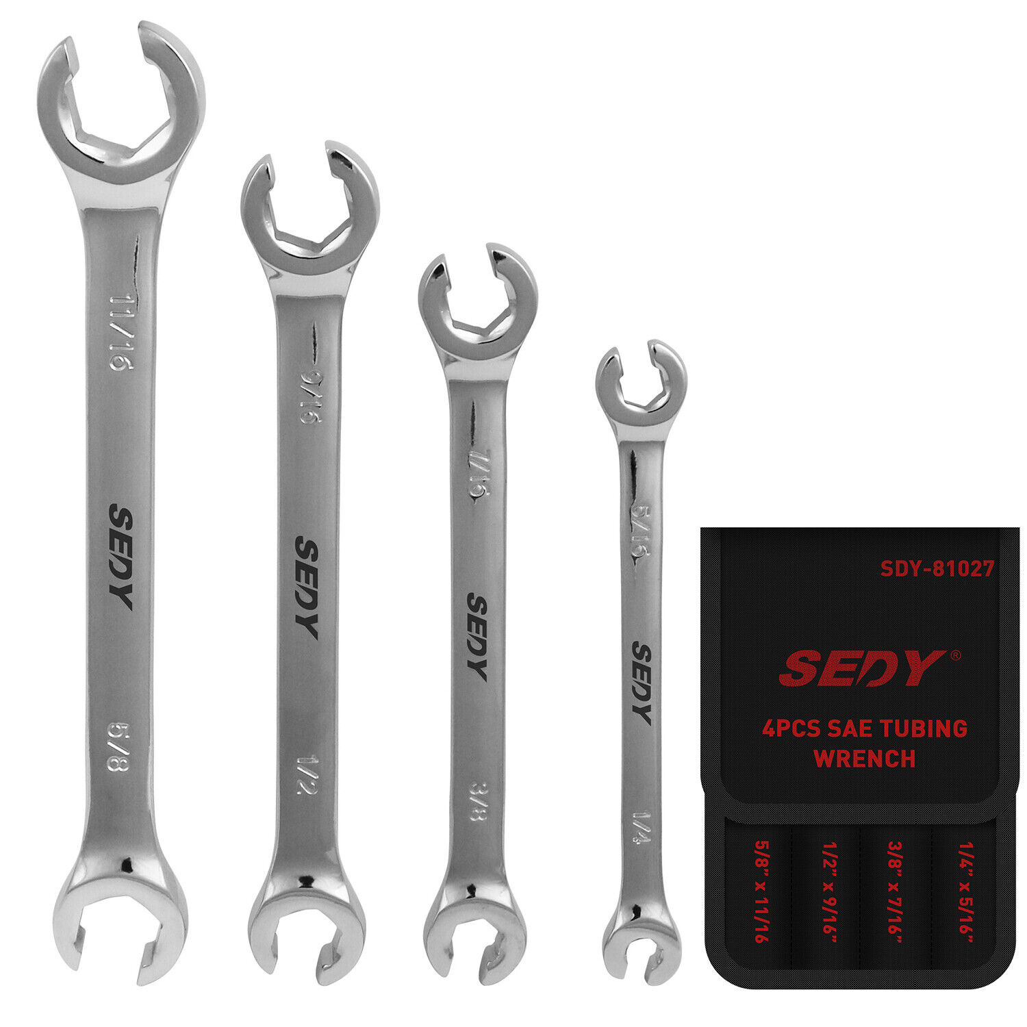 V465-81027-186694-00 SEDY 4Pc Flare Nut Spanner Set SAE Brake Line Wrench Offset Head Organizer Pouch - Image 1