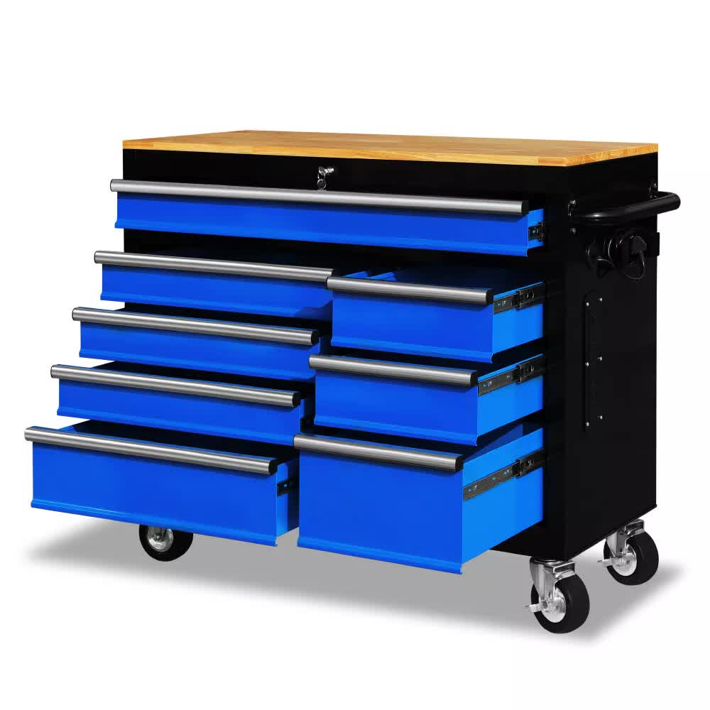 V465-86514-209280-00 HORUSDY 42 inch 8 Drawer Tool Cabinet 1000 lbs Wood Top Power Strip Casters Blue - Image 1