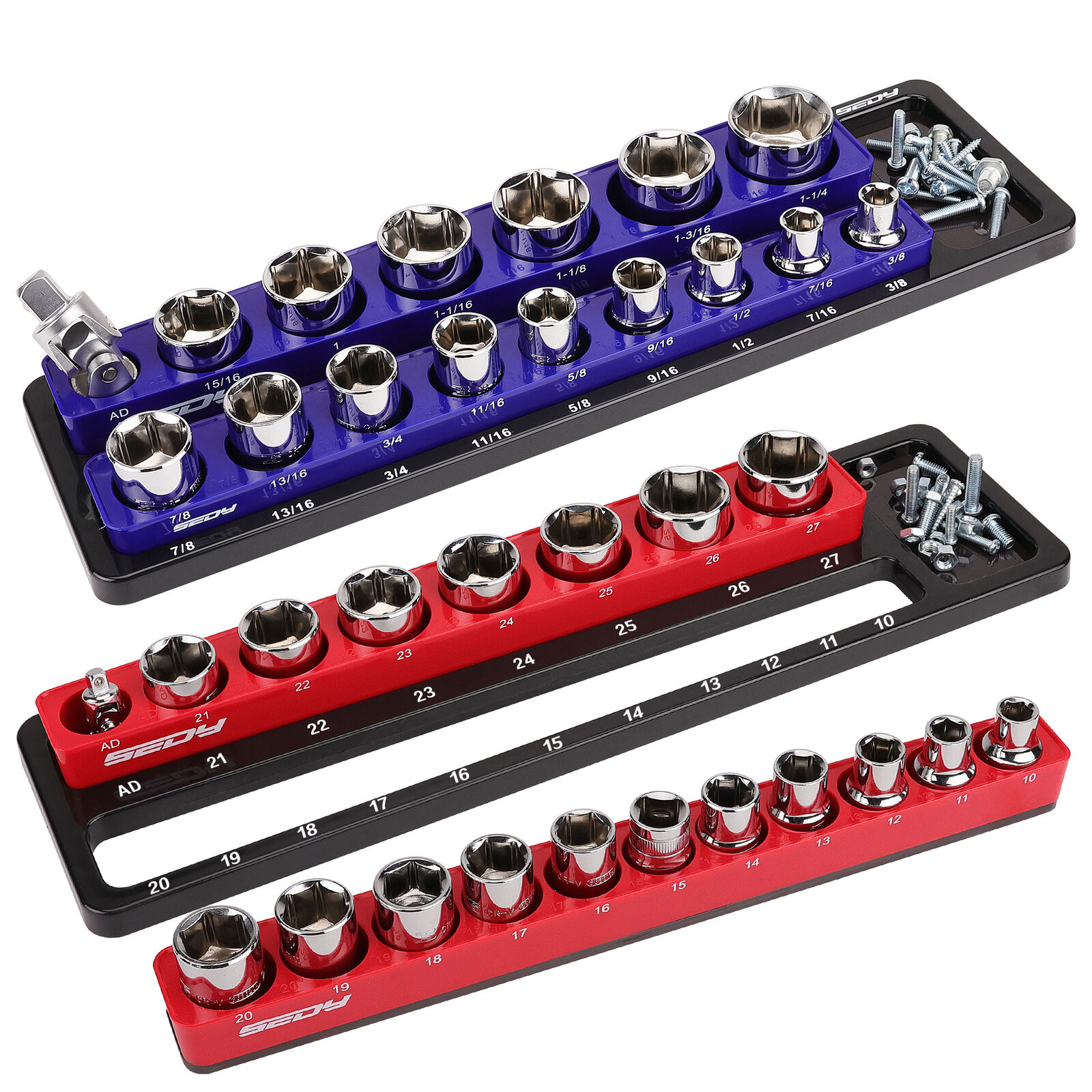 V465-87039-186702-00 SEDY 2Pc Magnetic Socket Organizer 1/2 Drive Metric SAE Sockets Storage Holder - Image 1