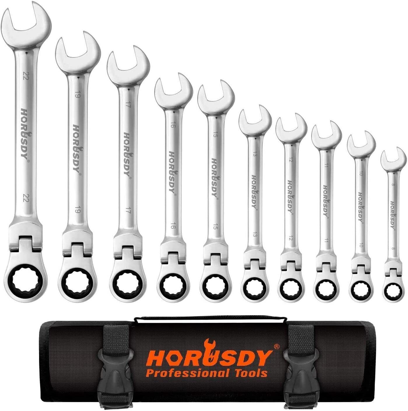 V465-97434-AU-2-85356-00 10Pc Flexible Head Ratchet Spanner Set Metric Wrench CRV With Carry Pouch 8-22MM - Image 1