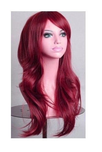 V474-15810-101002-00 70cm Wavy Curly Sleek Full Hair Lady Wigs w Side Bangs Cosplay Costume Womens, Burgundy - Image 1