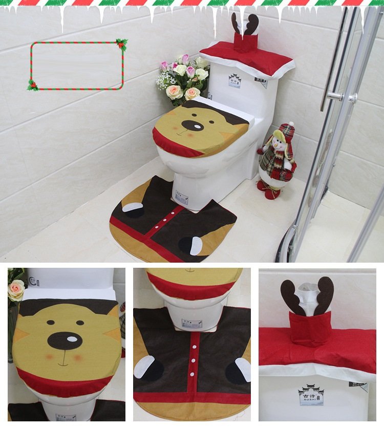 V474-207258-104083-00 4pcs Christmas Toilet Seat Cover Rug Bathroom Set Santa Snowman Xmas Home Décor, Reindeer - Image 1