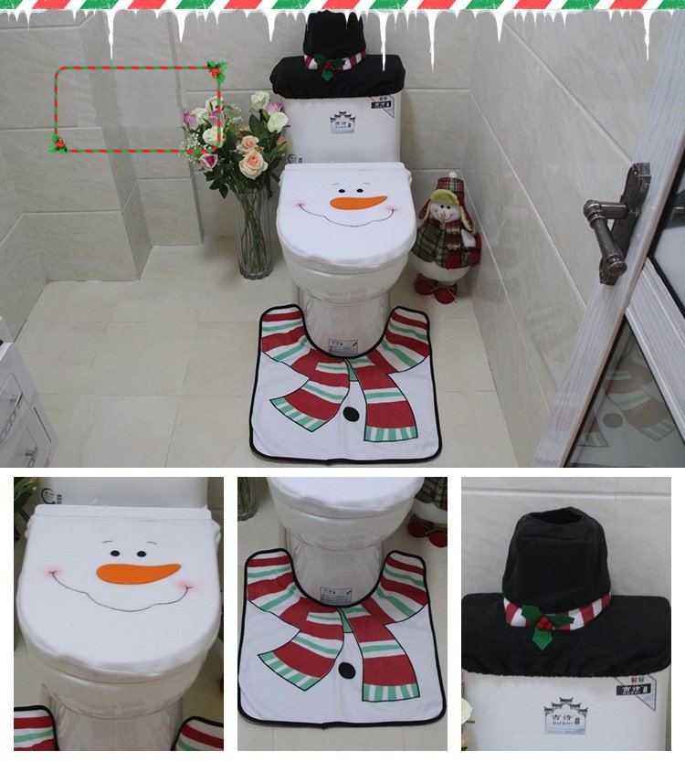 V474-207260-104087-00 4pcs Christmas Toilet Seat Cover Rug Bathroom Set Santa Snowman Xmas Home Décor, Snowman A - Image 1