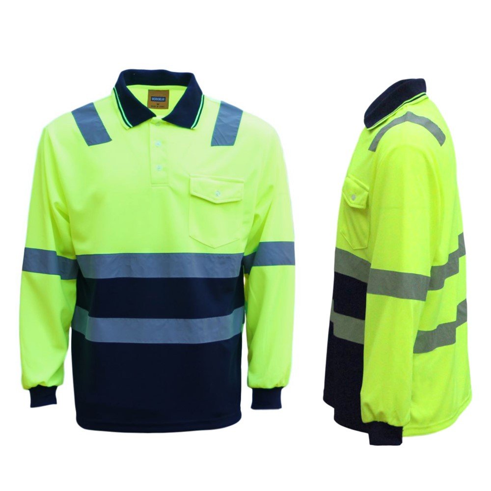 V474-210991-103165-00 HI VIS Long Sleeve Workwear Shirt w Reflective Tape Cool Dry Safety Polo 2 Tone, Fluoro Yellow /Navy, L - Image 1