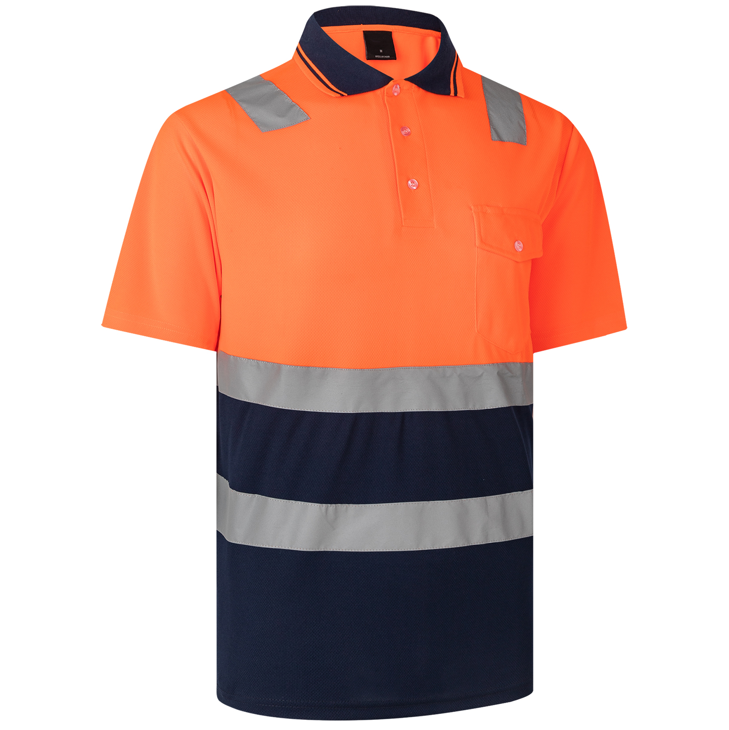 V474-212964-103447-00 HI VIS Short Sleeve Workwear Shirt w Reflective Tape Cool Dry Safety Polo 2 Tone, Fluoro Orange / Navy, S - Image 1