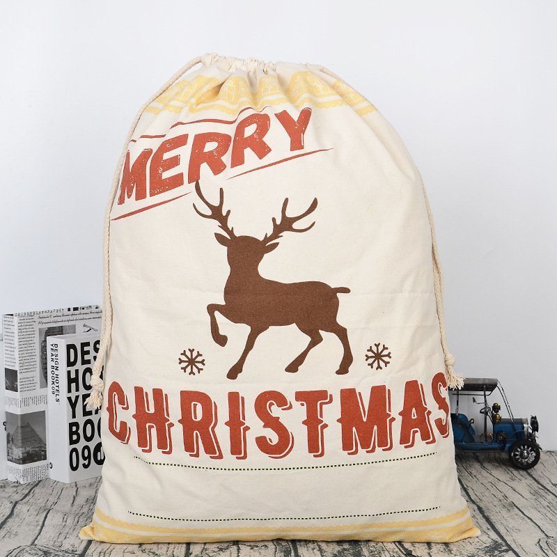 V474-291887-101263-00 50x70cm Canvas Hessian Christmas Santa Sack Xmas Stocking Reindeer Kids Gift Bag, Cream - Reindeer - Image 1