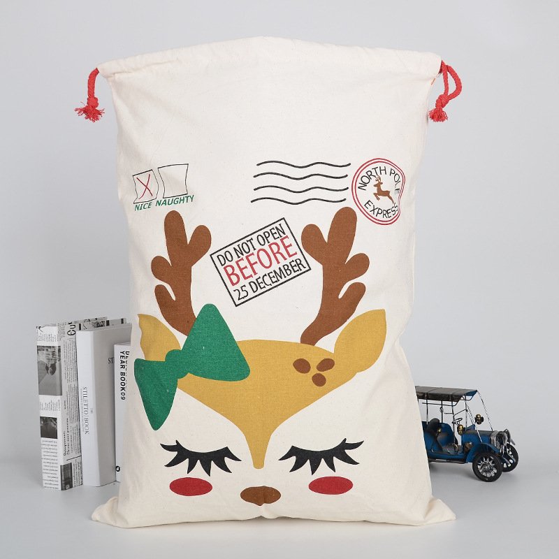 V474-291888-101265-00 50x70cm Canvas Hessian Christmas Santa Sack Xmas Stocking Reindeer Kids Gift Bag, Cream - Reindeer Girl Makeup - Image 1