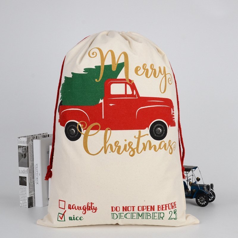 V474-291893-101283-00 50x70cm Canvas Hessian Christmas Santa Sack Xmas Stocking Reindeer Kids Gift Bag, Cream - Tree In Truck - Image 1