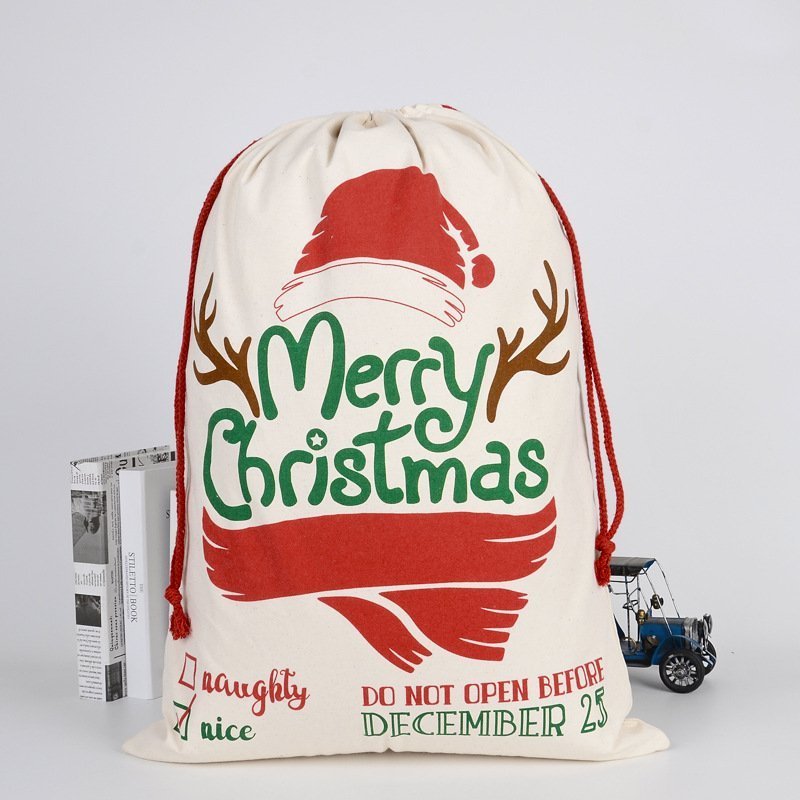 V474-291897-102637-00 Large Christmas XMAS Hessian Santa Sack Stocking Bag Reindeer Children Gifts Bag, Cream - Merry Xmas w Antler - Image 1