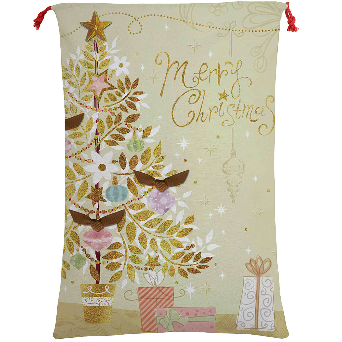 V474-462264-101307-00 50x70cm Canvas Hessian Christmas Santa Sack Xmas Stocking Reindeer Kids Gift Bag, Merry Christmas Golden Tree - Image 1