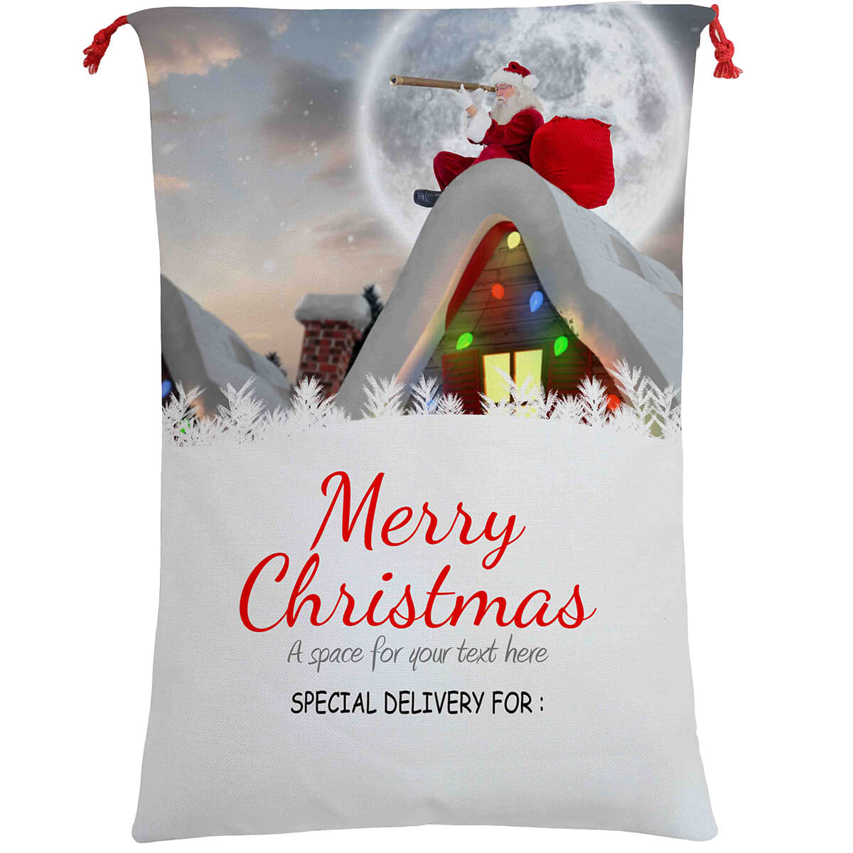 V474-462266-101319-00 50x70cm Canvas Hessian Christmas Santa Sack Xmas Stocking Reindeer Kids Gift Bag, Santa On The Roof - Image 1