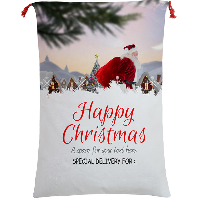 V474-462311-102506-00 Large Christmas XMAS Hessian Santa Sack Stocking Bag Reindeer Children Gifts Bag, Santa On The Way - Image 1