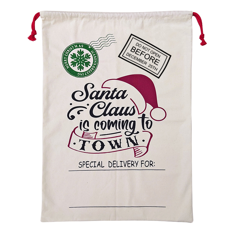 V474-546942-102603-00 Large Christmas XMAS Hessian Santa Sack Stocking Bag Reindeer Children Gifts Bag, Cream - Santa Coming To Town - Image 1