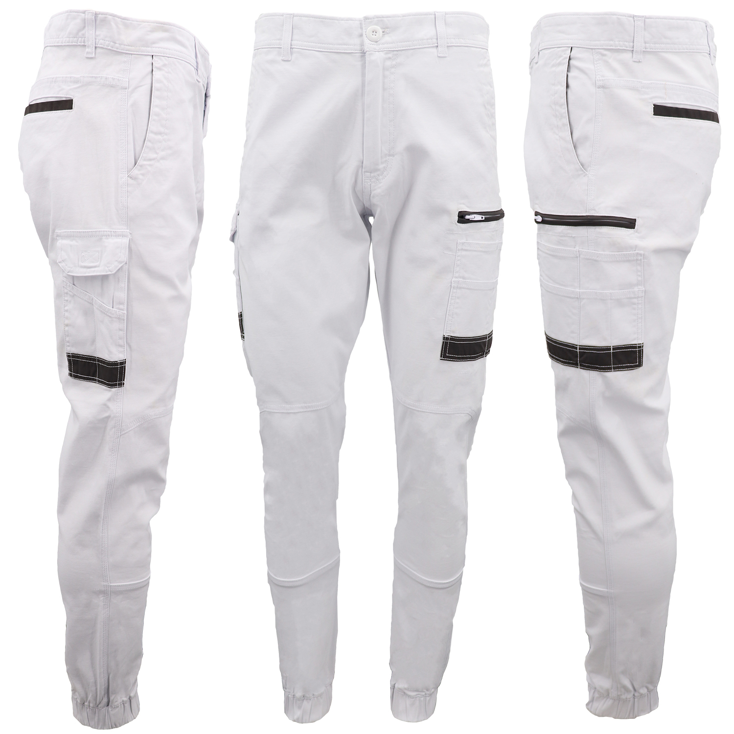 V474-578171-202505281225-00 Men's Cargo Cotton Drill Work Pants UPF 50+ 13 Pockets Tradies Workwear Trousers, White, 34 - Image 1