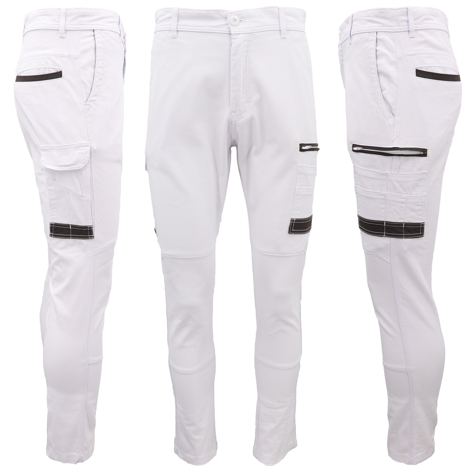 V474-578419-202505281226-00 Men's Cotton Drill Cargo Work Pants UPF 50+ 13 Pockets Tradies Workwear Trousers, White, 28 - Image 1