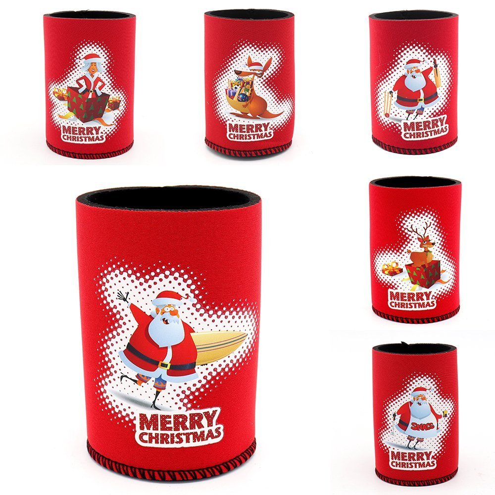 V474-623219-100367-00 6x Christmas Stubby Stubbie Holders Beer Bottle Drink Can Cooler Santa Reindeer, A - Image 1