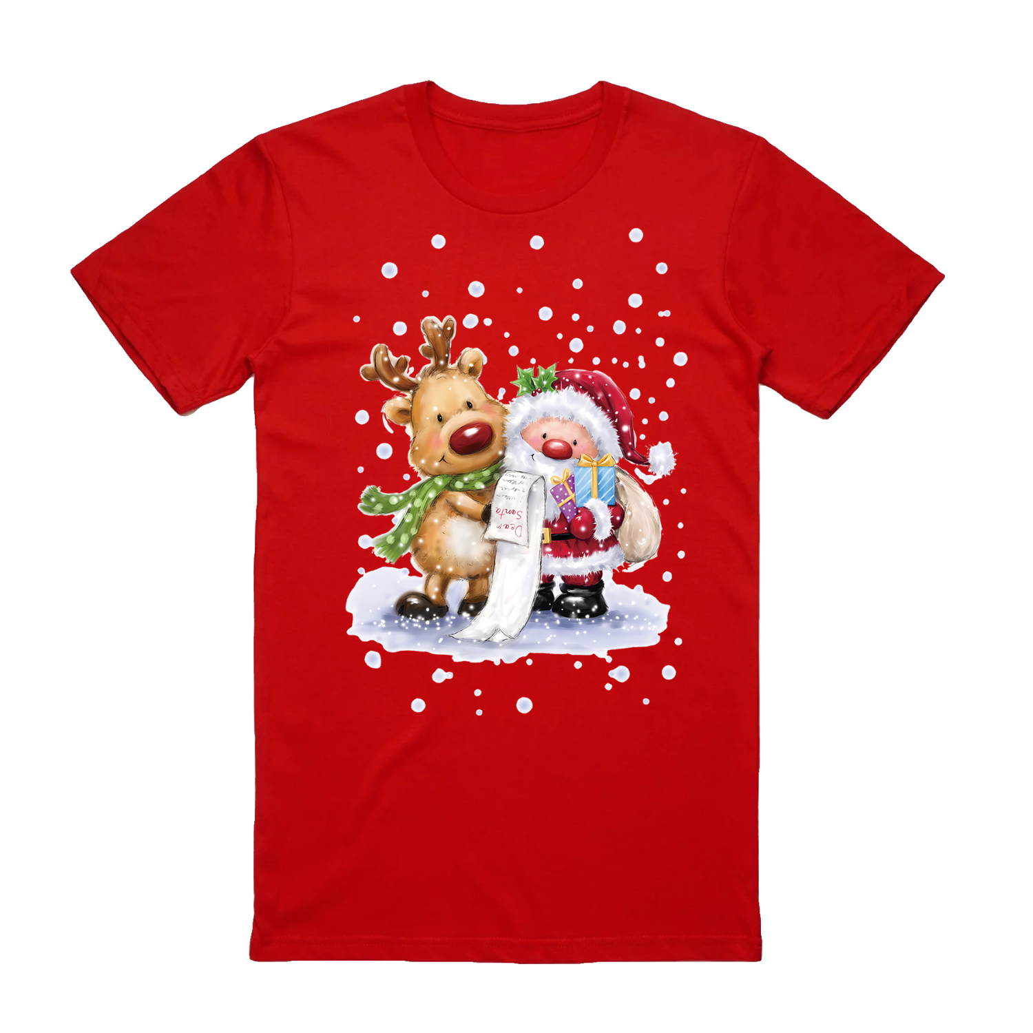 V474-626534-99402-00 100% Cotton Christmas T-shirt Adult Unisex Tee Tops Funny Santa Party Custume, Reading Santa (Red), L - Image 1