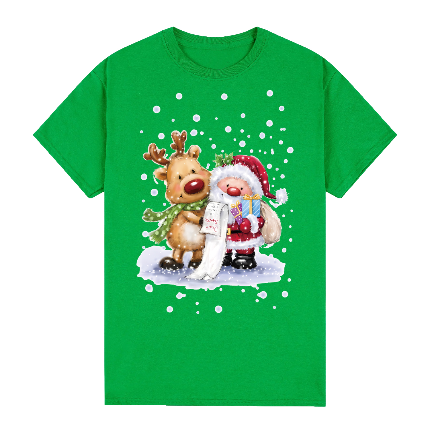 V474-626541-99409-00 100% Cotton Christmas T-shirt Adult Unisex Tee Tops Funny Santa Party Custume, Reading Santa (Green), XL - Image 1