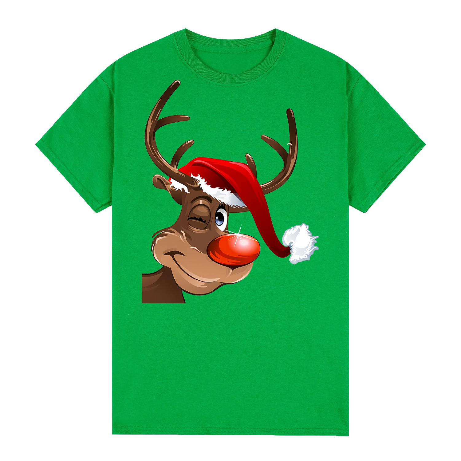 V474-626562-99446-00 100% Cotton Christmas T-shirt Adult Unisex Tee Tops Funny Santa Party Custume, Reindeer Wink (Green), S - Image 1