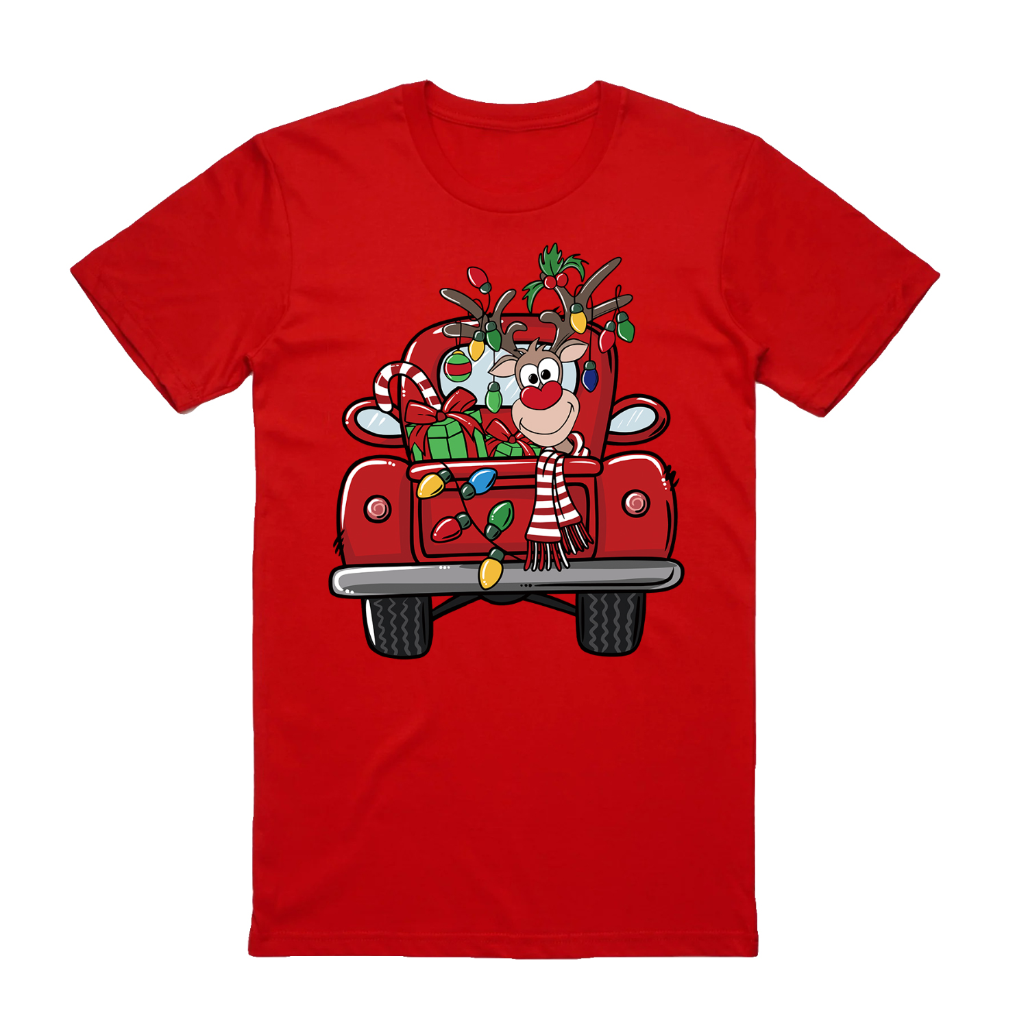 V474-626572-99722-00 100% Cotton Christmas T-shirt Adult Unisex Tee Tops Funny Santa Party Custume, Car with Reindeer (Red), 2XL - Image 1