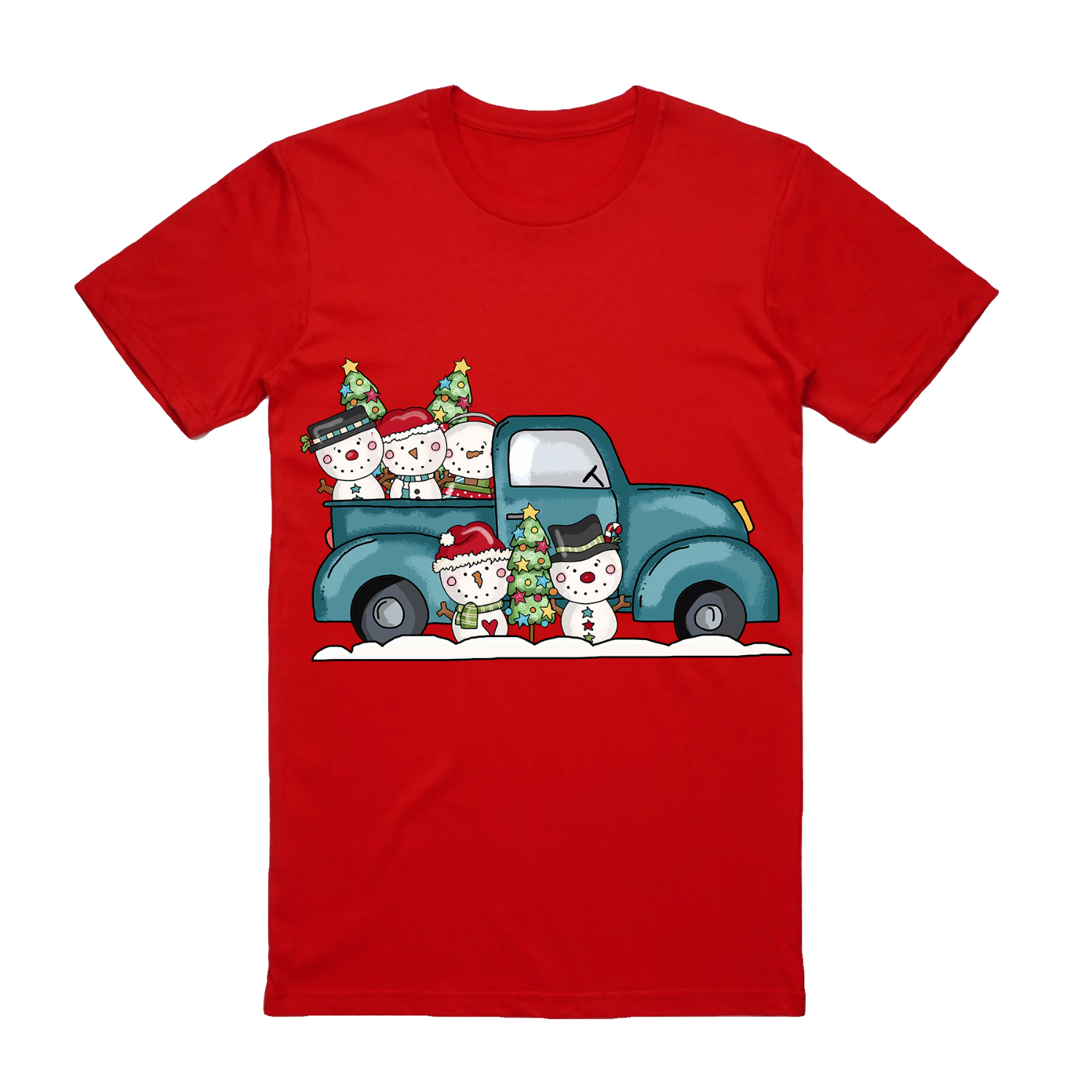 V474-626664-100040-00 100% Cotton Christmas T-shirt Adult Unisex Tee Tops Funny Santa Party Custume, Car with Snowman (Red), S - Image 1