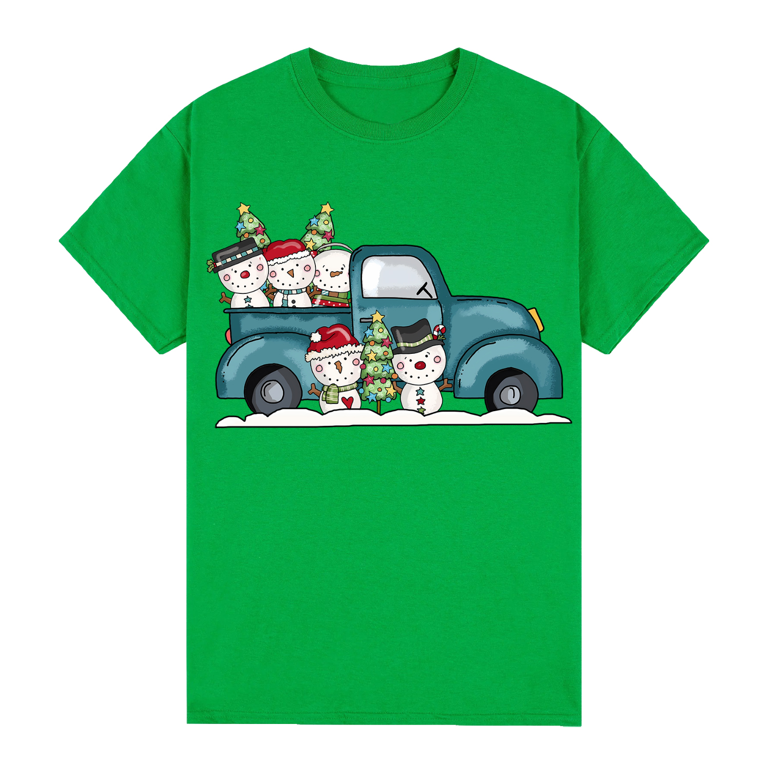V474-626674-100042-00 100% Cotton Christmas T-shirt Adult Unisex Tee Tops Funny Santa Party Custume, Car with Snowman (Green), 2XL - Image 1