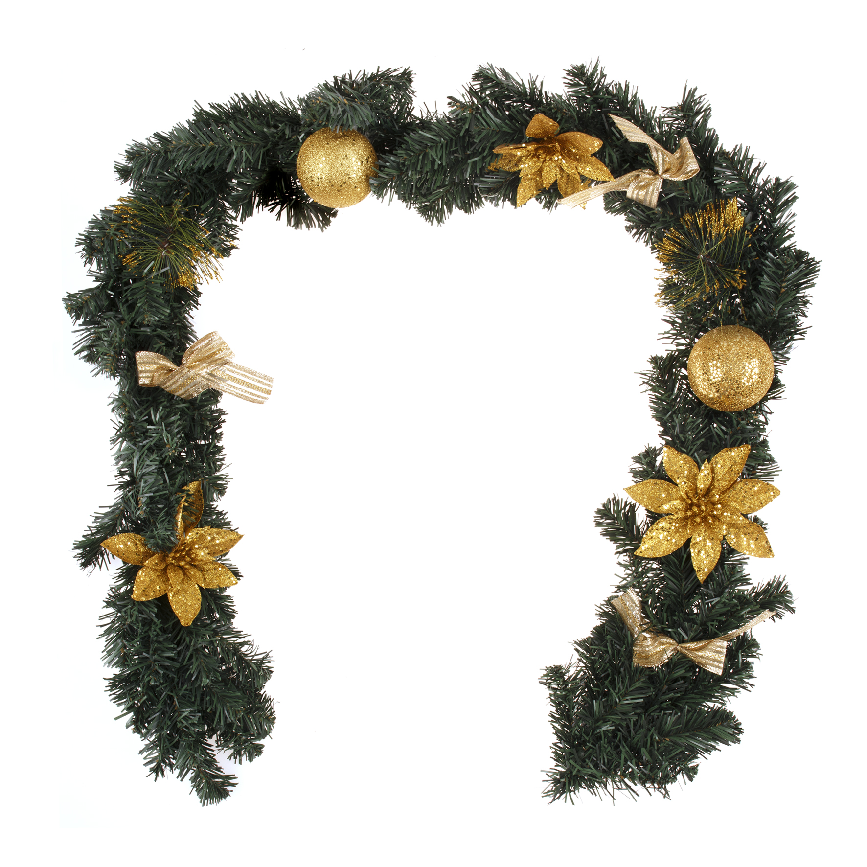 V474-629992-131330-00 1.8m/6ft Christmas Pine Green Garland Gold Balls Flower Bows Xmas Hanging Décor, Gold, Green - Image 1