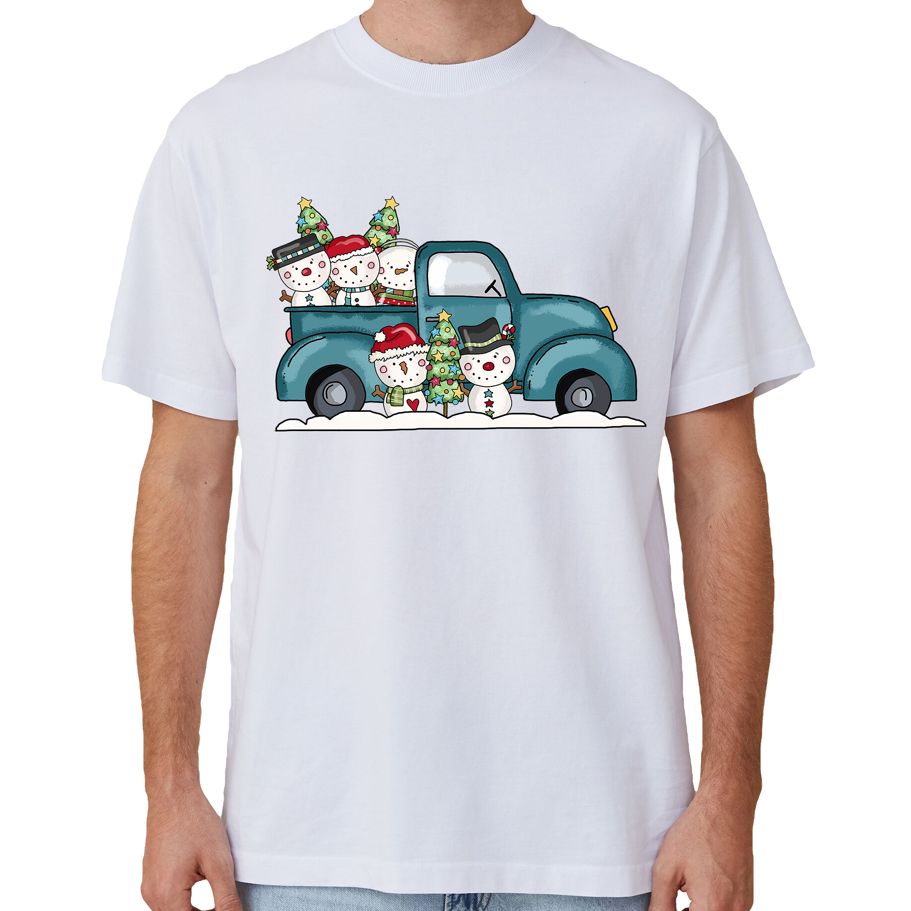 V474-633881-141840-00 100% Cotton Christmas T-shirt Adult Unisex Tee Tops Funny Santa Party Custume, Car with Snowman (White), XL - Image 1