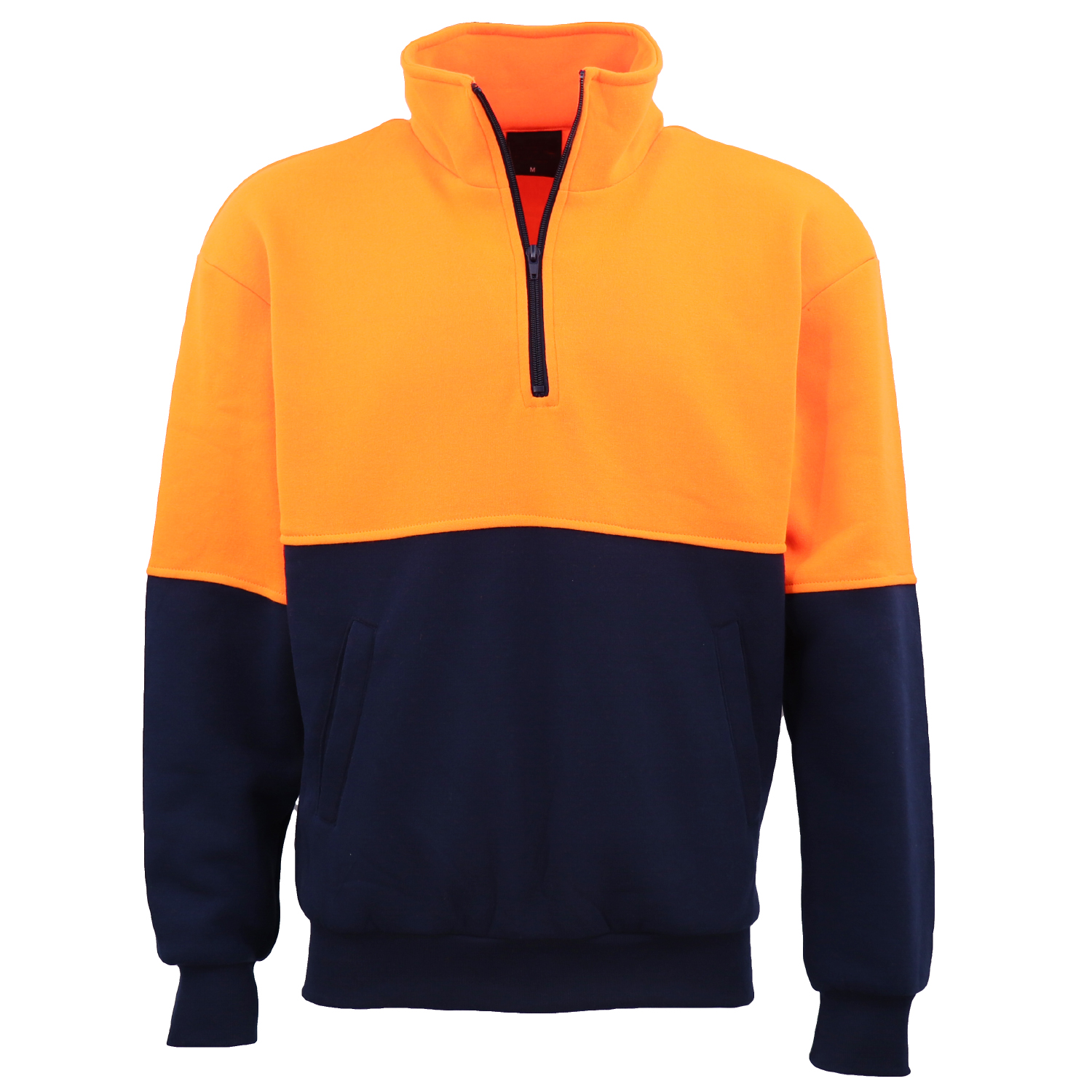 V474-663681-174586-00 Hi Vis Safety Fleecy Half Zip Pullover Jumper Jacket Sweater Shirts Workwear, Fluro Orange / Navy, L - Image 1