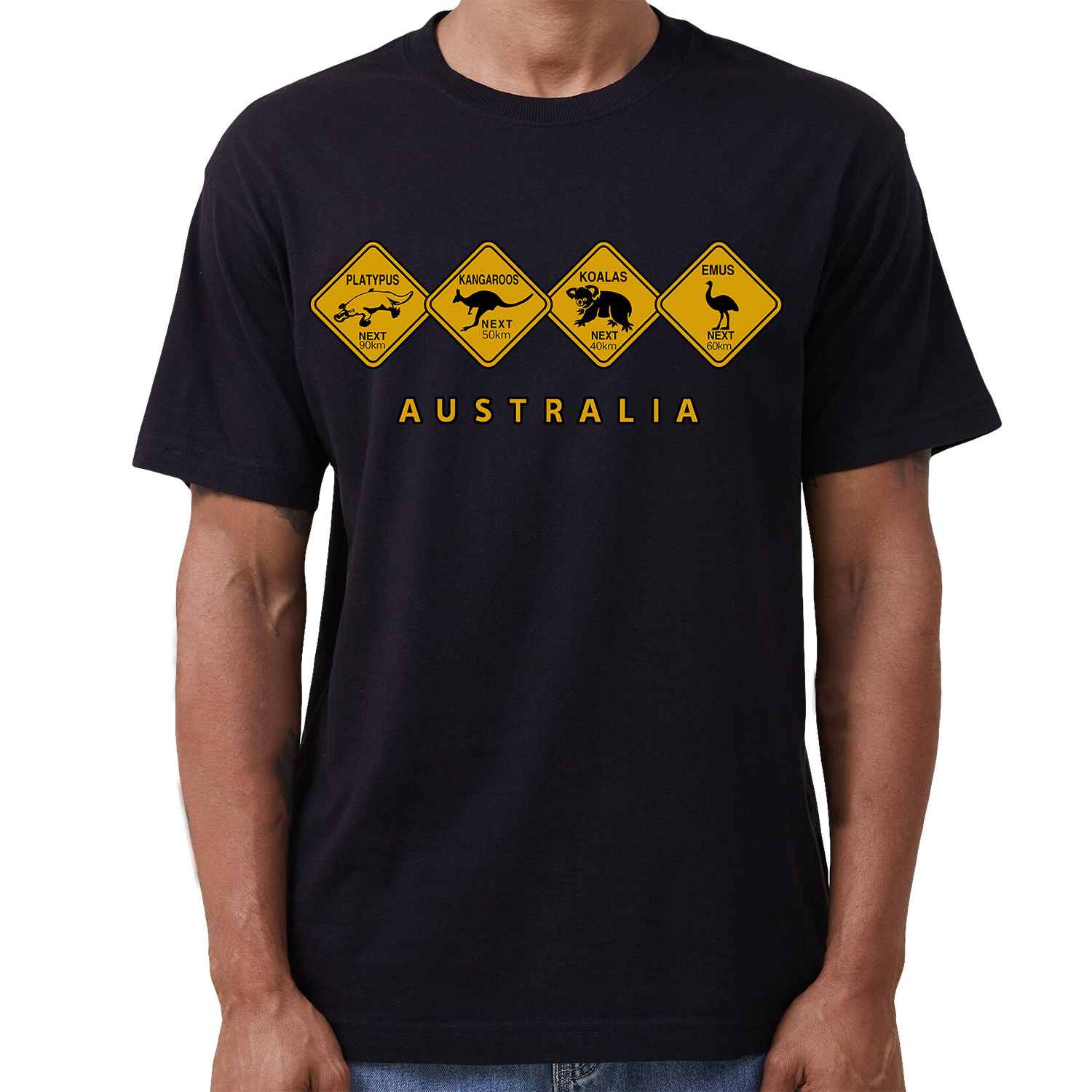 V474-687126-202503201041-00 Adult Unisex 100% Cotton T Shirt Australia Wildlife Road Sign Souvenir Tee Tops, Black, L - Image 1