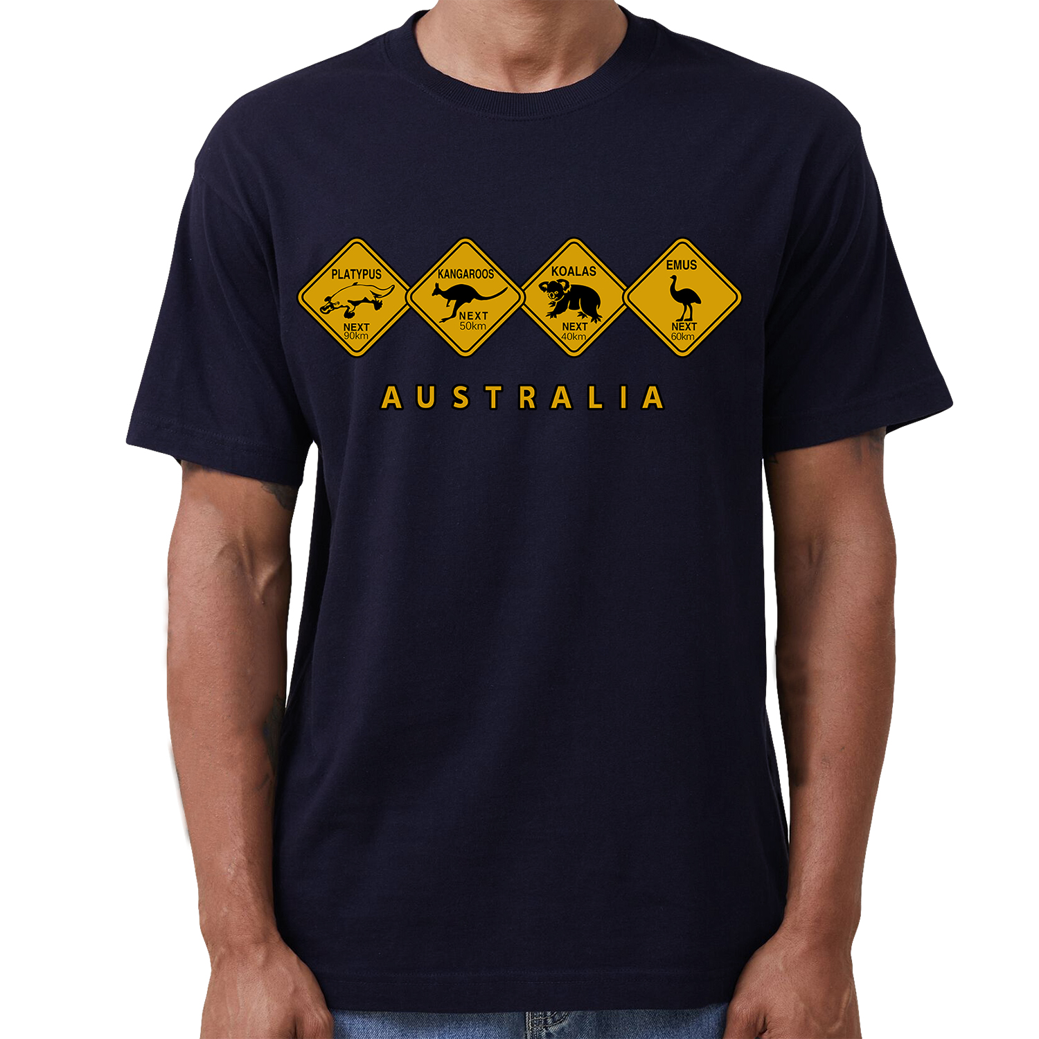 V474-687139-218768-00 Adult Unisex 100% Cotton T Shirt Australia Wildlife Road Sign Souvenir Tee Tops, Navy, XL - Image 1