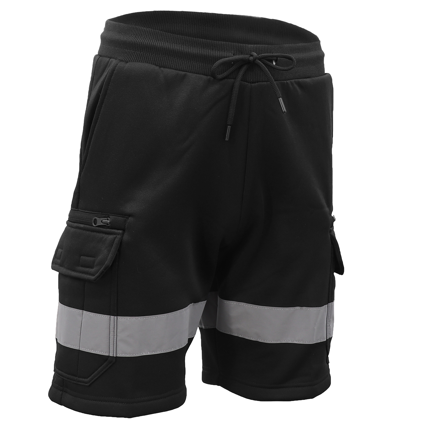 V474-739112-202505281141-00 Hi Vis Fleece Work Cargo Shorts w Reflective Tape Workwear Tradie Utility Pants, Black, M - Image 1