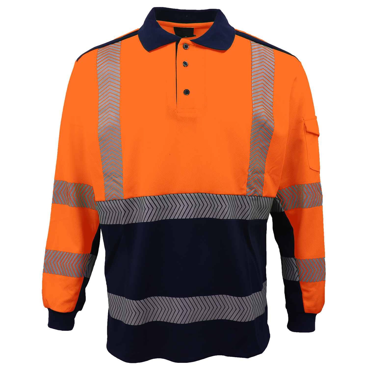 V474-739782-202505281145-00 HI VIS Long Sleeve Polo Shirt Reflective Tape Safety Tradie Work Wear Tops Tee, Fluro Orange / Navy, 2XL - Image 1