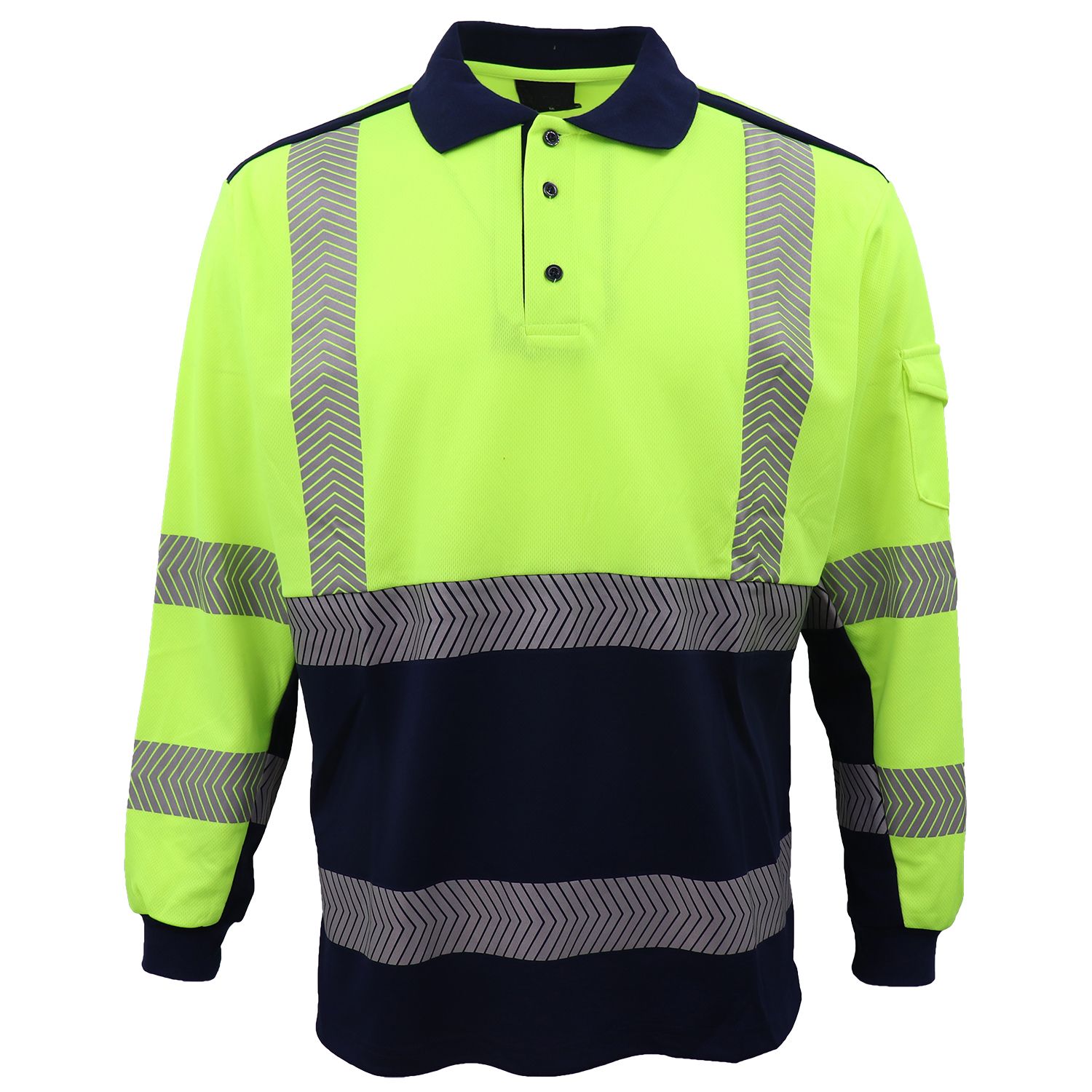 V474-739788-202505281146-00 HI VIS Long Sleeve Polo Shirt Reflective Tape Safety Tradie Work Wear Tops Tee, Fluro Yellow / Navy, 2XL - Image 1