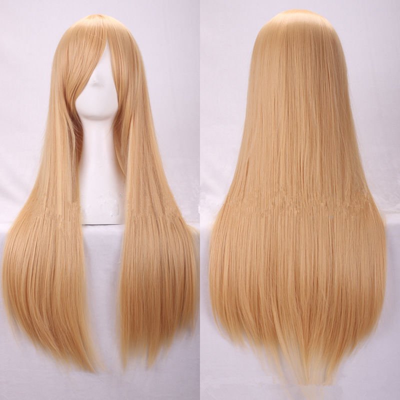 V474-7489-100943-00 New 80cm Straight Sleek Long Full Hair Wigs w Side Bangs Cosplay Costume Womens, Blonde - Image 1