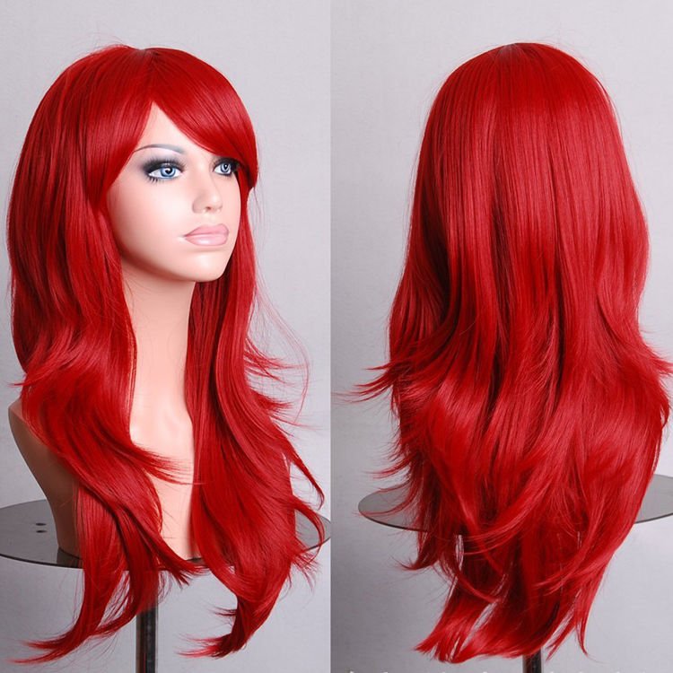 V474-7565-100969-00 70cm Wavy Curly Sleek Full Hair Lady Wigs w Side Bangs Cosplay Costume Womens, Red - Image 1