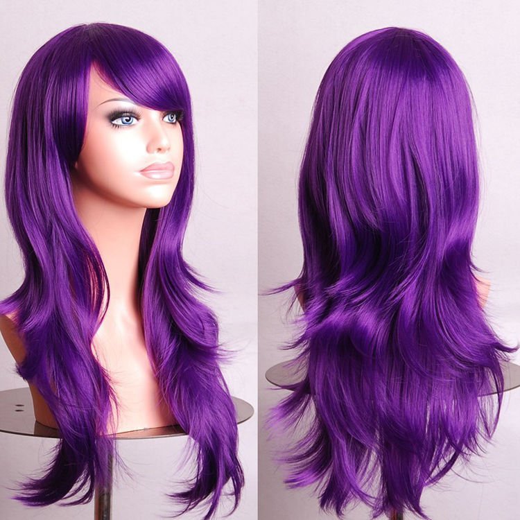 V474-7575-100988-00 70cm Wavy Curly Sleek Full Hair Lady Wigs w Side Bangs Cosplay Costume Womens, Purple - Image 1