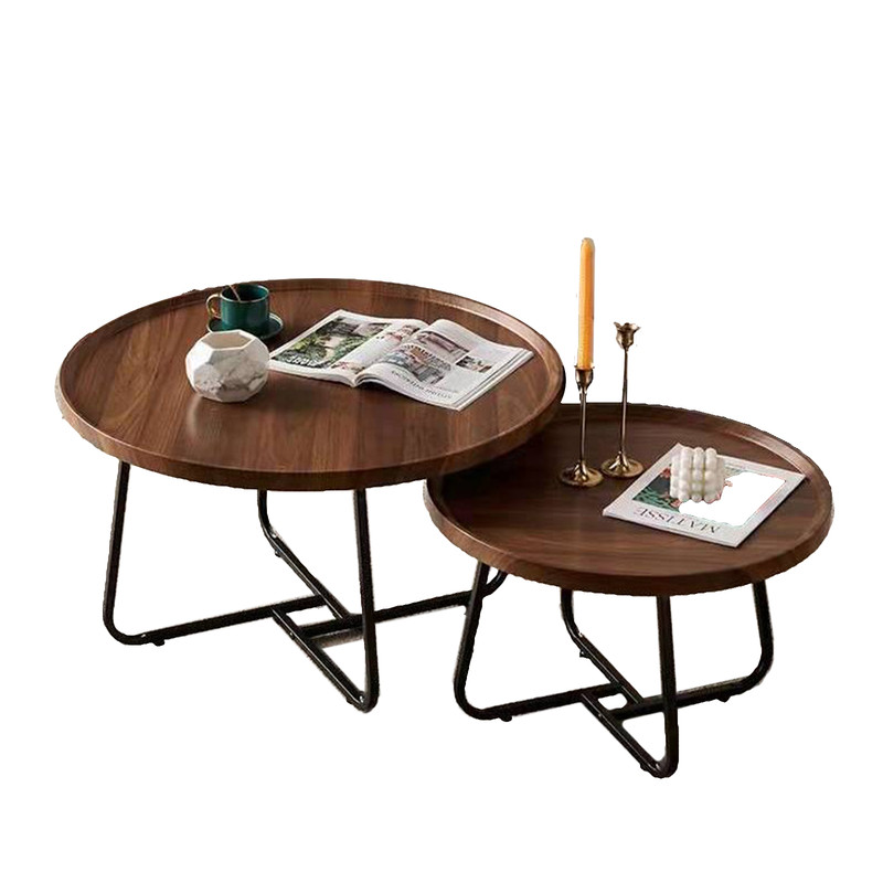 V488-TBLRC-WL-84145-00 Removable Set of 2 Round Coffee Table Walnut Nesting Side End Table Furniture - Image 1