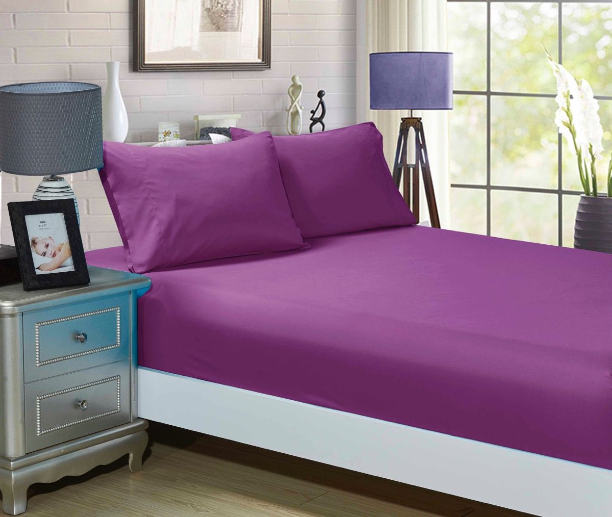V493-ADF-02-88464-00 1000TC Ultra Soft Fitted Sheet & 2 Pillowcases Set - Double Size Bed - Purple - Image 1
